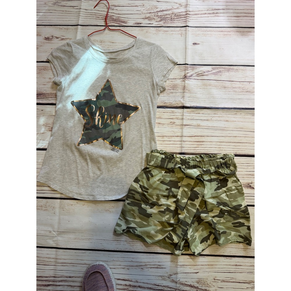 Justice Girls Grey Shine Star Graphic Tee and Camo Paperbag Shorts Set Size 10